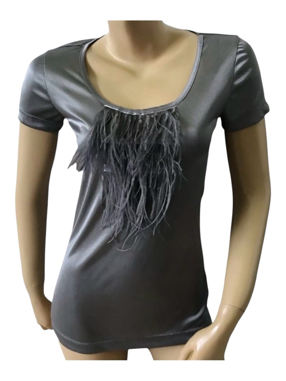 Steve Madden Top Womens Small Silver Fringe Detail Scoop Neck Short Sleeve